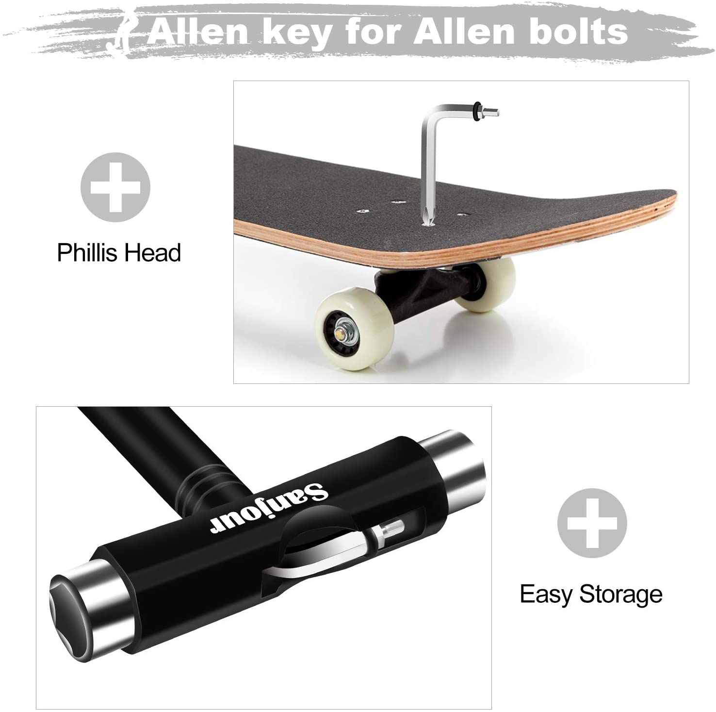 Sanjour All-in-One Skate Tools Multi-Function Portable Skateboard Tool Kit  Accessory with T-Type Allen Key and L-Type Phillips Head Screwdriver for  Roller Skates/Skateboard-2 Packs (Cool Black) - WHEELive