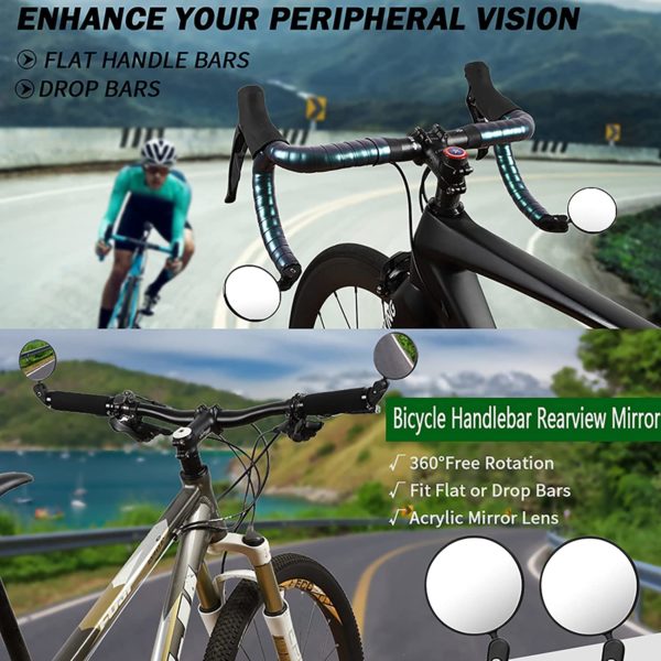 IDWAI 2Pcs Bike Mirror Bonus 2 Pcs Reflective Bands for Cycling Bicycle Mirrors for Handlebars With 360°Horizontal Rotation，180°Vertical Rotation 